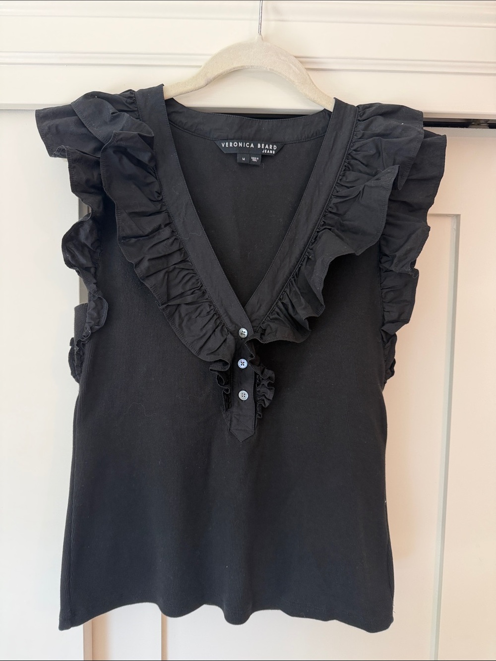 Veronica Beard Black Ruffle V-Neck Sleeveless Top